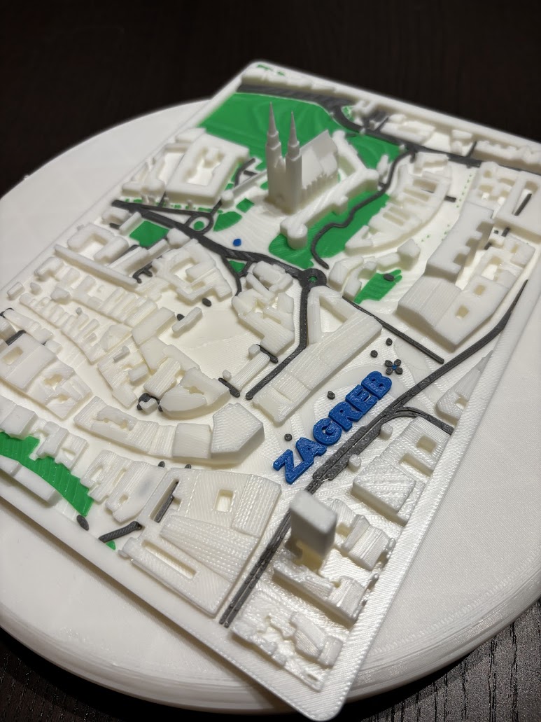 3D printed Zagreb city map with cathedral and streets
